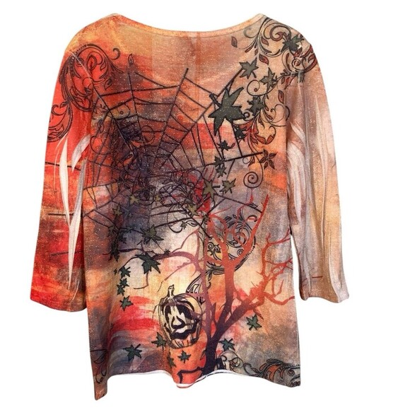 Halloween 3/4 Sleeve Tshirt Top Womens Size M Spiderweb Sparkle Orange Pumpkins - Picture 2 of 7